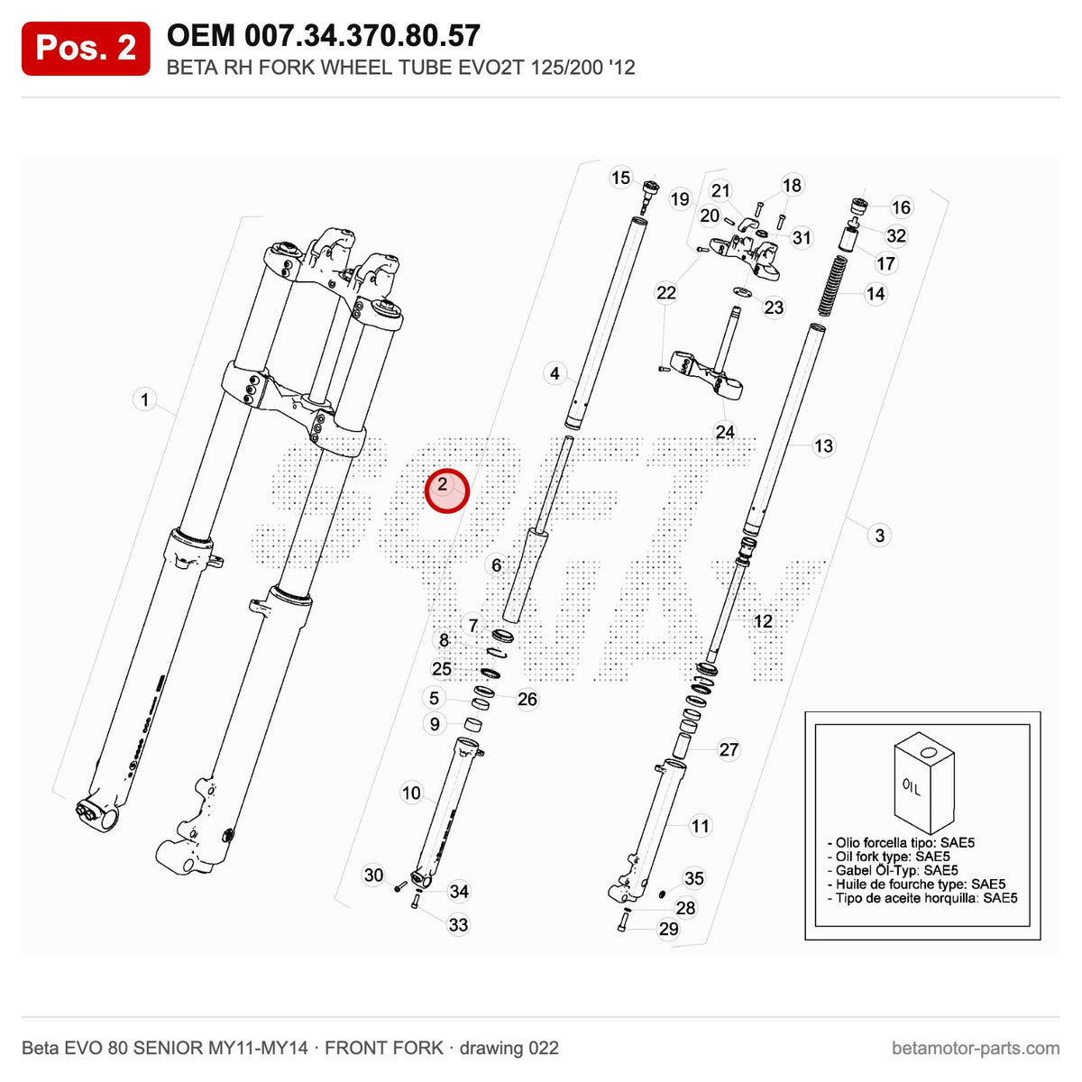 BETA RH FORK WHEEL TUBE EVO2T 125/200 '12 – OEM 007.34.370.80.57, position 2 on the Beta EVO 80 SENIOR MY11-MY14 front fork drawing