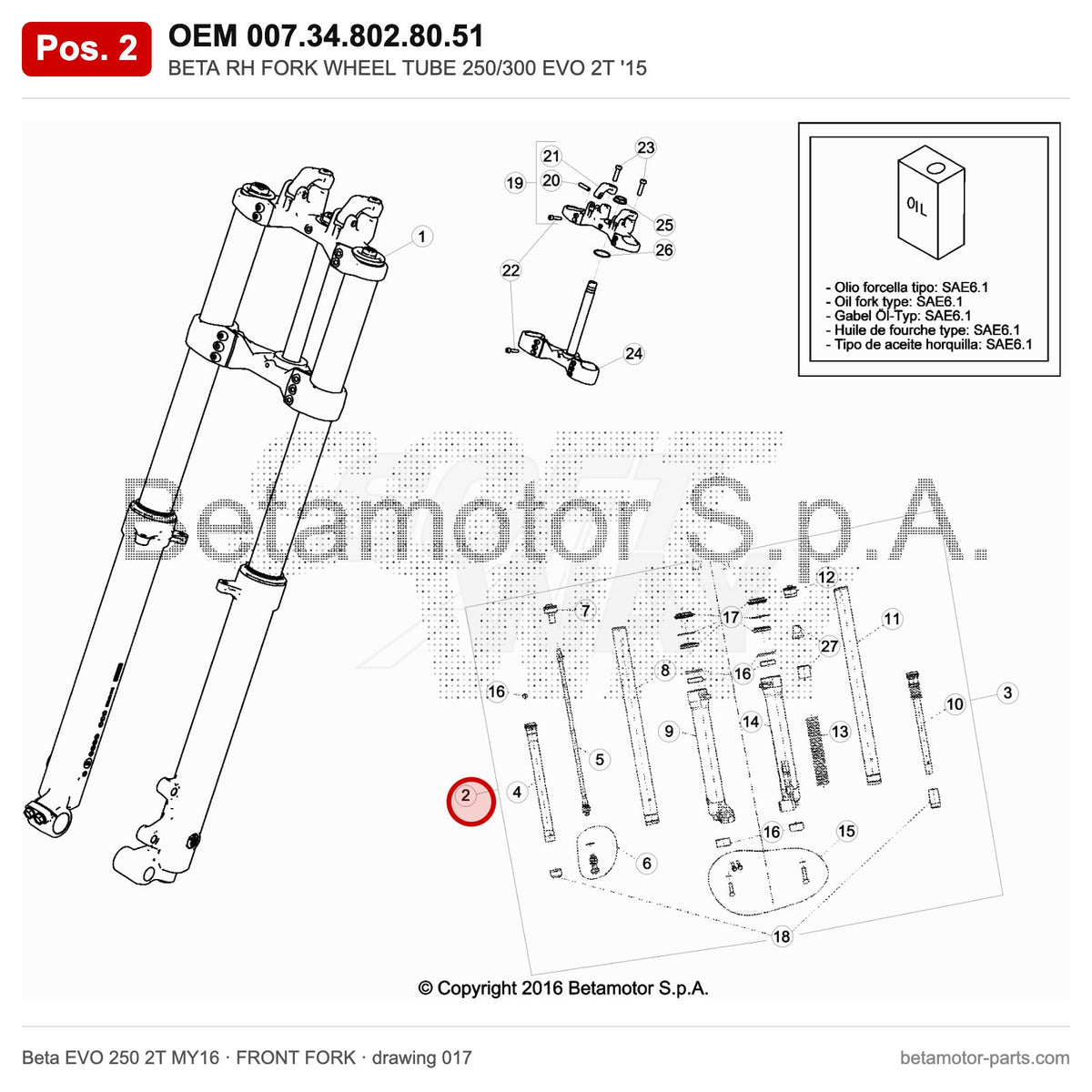 BETA RH FORK WHEEL TUBE 250/300 EVO 2T '15 – OEM 007.34.802.80.51, position 2 on the Beta EVO 250 2T MY16 front fork drawing