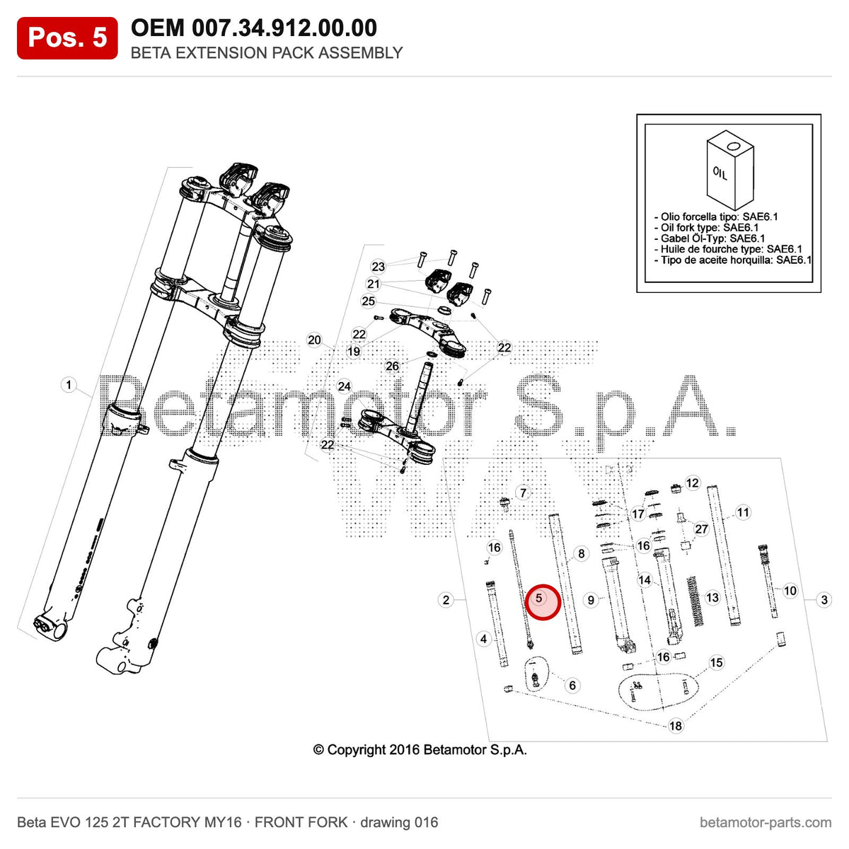 BETA EXTENSION PACK ASSEMBLY – OEM 007.34.912.00.00, position 5 on the Beta EVO 125 2T FACTORY MY16 front fork drawing