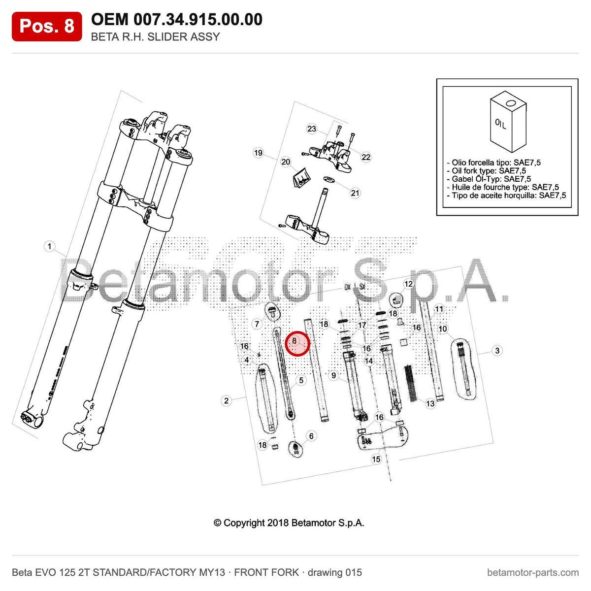 BETA R.H. SLIDER ASSY – OEM 007.34.915.00.00, position 8 on the Beta EVO 125 2T STANDARD/FACTORY MY13 front fork drawing