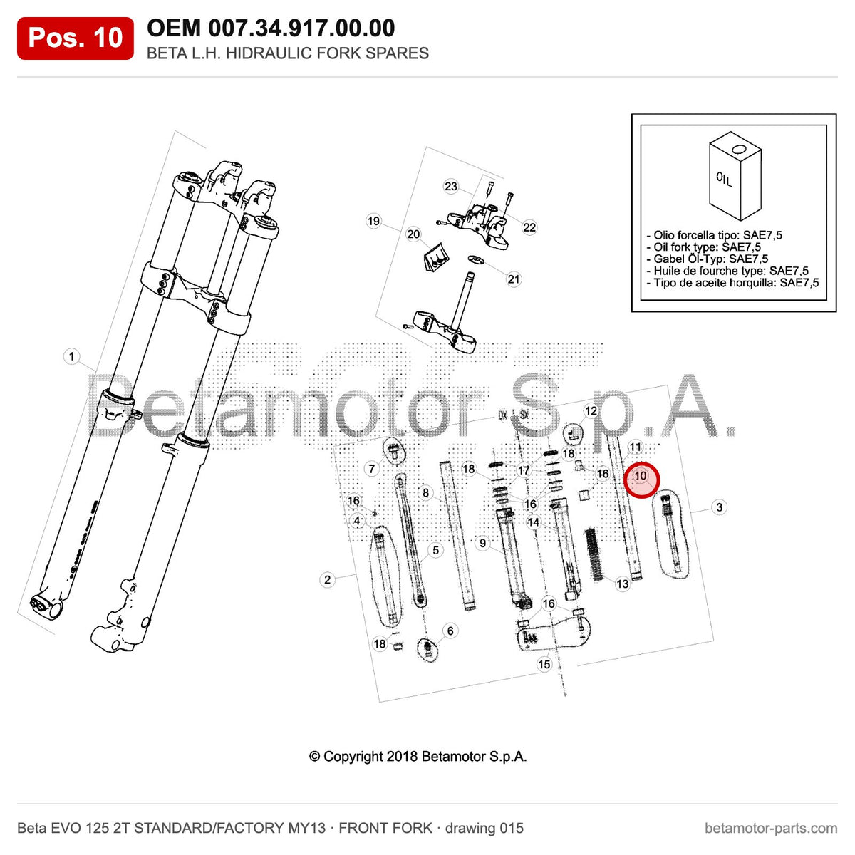 BETA L.H. HIDRAULIC FORK SPARES – OEM 007.34.917.00.00, position 10 on the Beta EVO 125 2T STANDARD/FACTORY MY13 front fork drawing