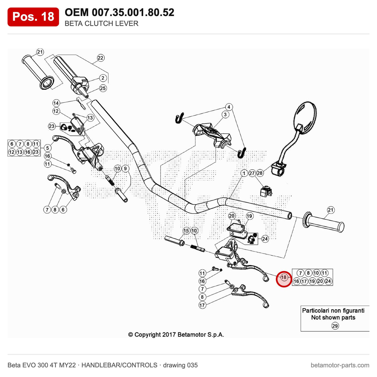 BETA CLUTCH LEVER – OEM 007.35.001.80.52, position 18 on the Beta EVO 300 4T MY22 handlebar/controls drawing