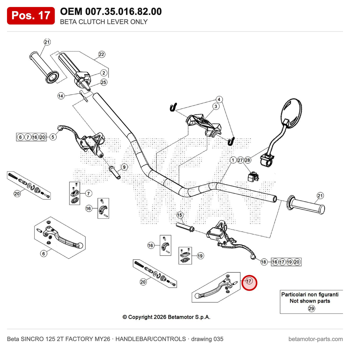 BETA CLUTCH LEVER ONLY – OEM 007.35.016.82.00, position 17 on the Beta SINCRO 125 2T FACTORY MY26 handlebar/controls drawing