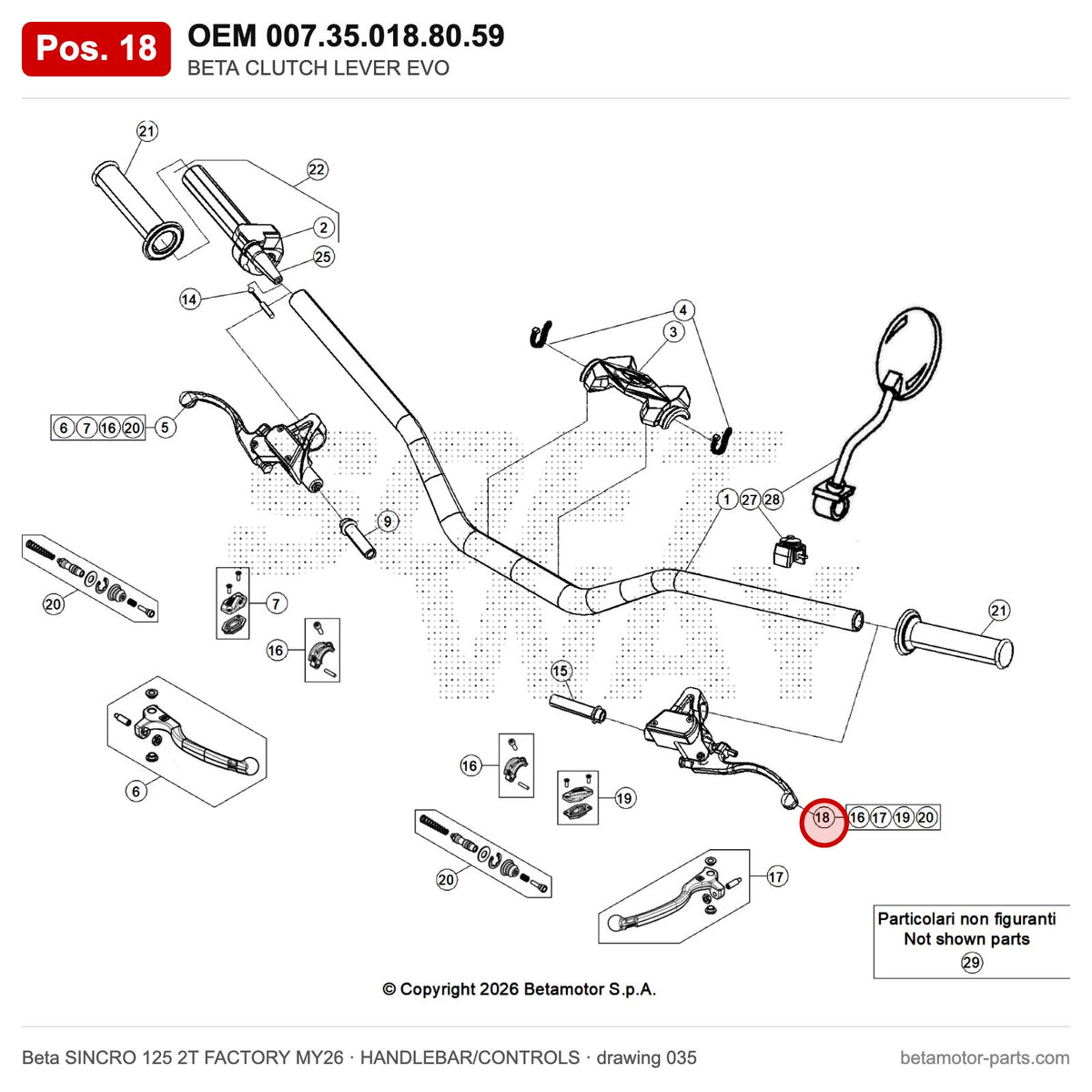 BETA CLUTCH LEVER EVO – OEM 007.35.018.80.59, position 18 on the Beta SINCRO 125 2T FACTORY MY26 handlebar/controls drawing