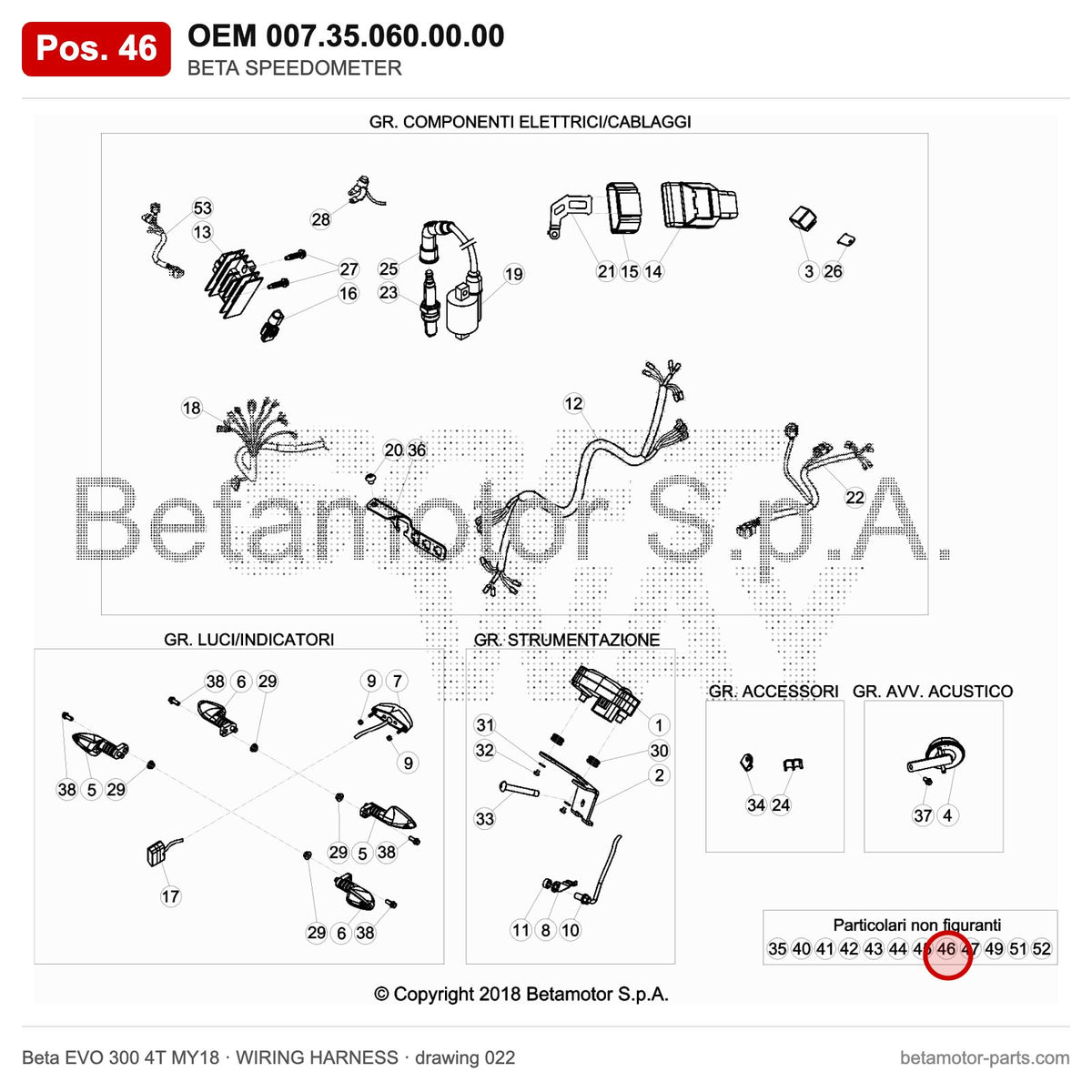BETA SPEEDOMETER – OEM 007.35.060.00.00, position 46 on the Beta EVO 300 4T MY18 wiring harness drawing