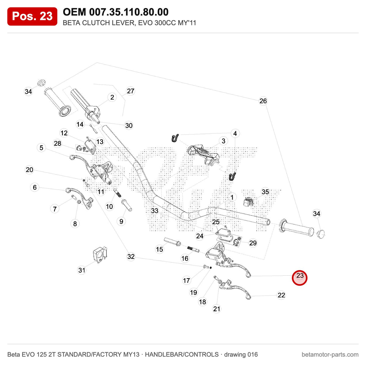BETA CLUTCH LEVER, EVO 300CC MY'11 – OEM 007.35.110.80.00, position 23 on the Beta EVO 125 2T STANDARD/FACTORY MY13 handlebar/controls drawing