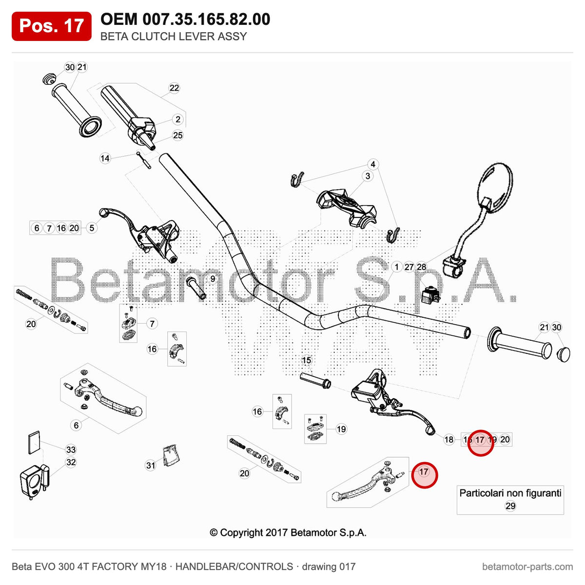 BETA CLUTCH LEVER ASSY – OEM 007.35.165.82.00, position 17 on the Beta EVO 300 4T FACTORY MY18 handlebar/controls drawing