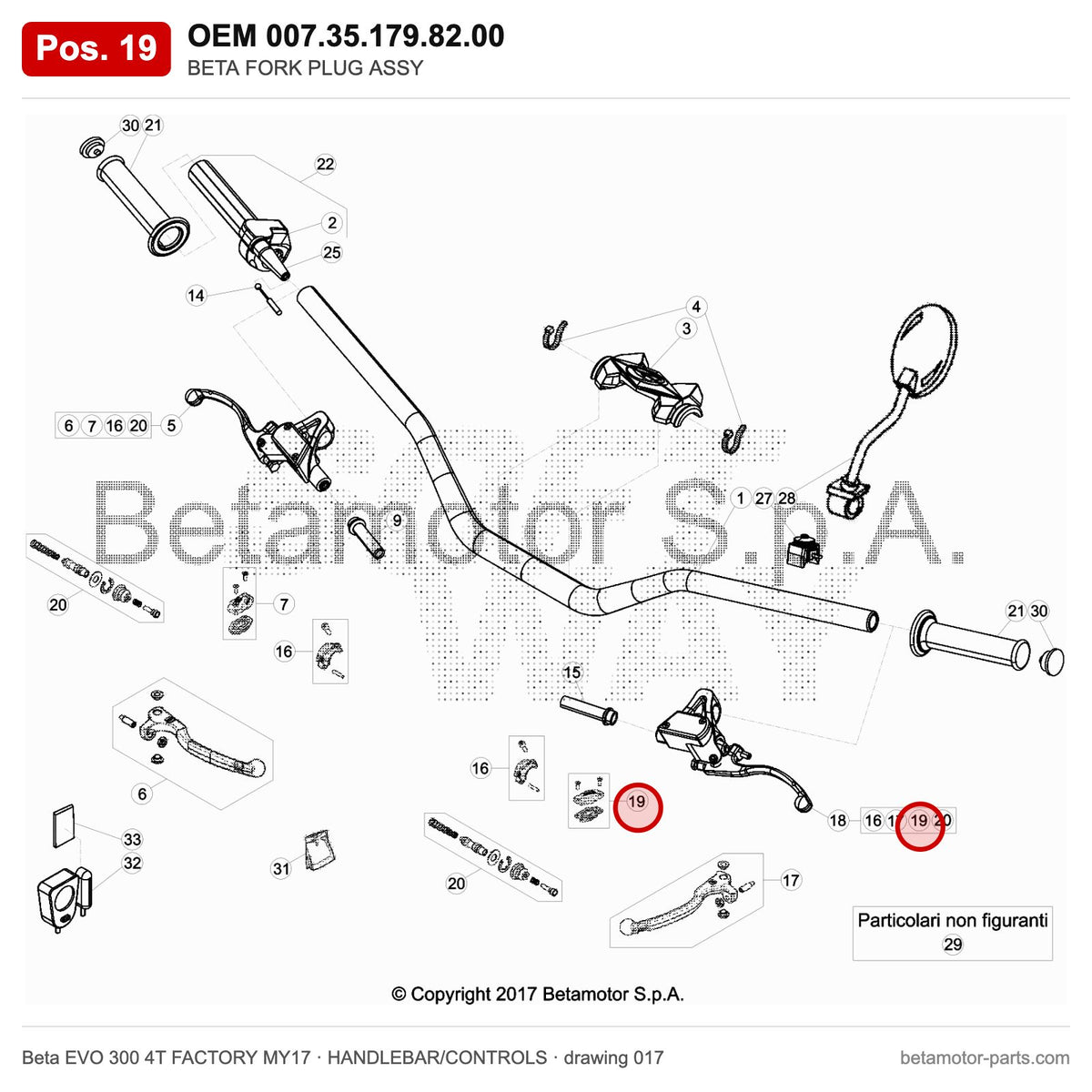 BETA FORK PLUG ASSY – OEM 007.35.179.82.00, position 19 on the Beta EVO 300 4T FACTORY MY17 handlebar/controls drawing