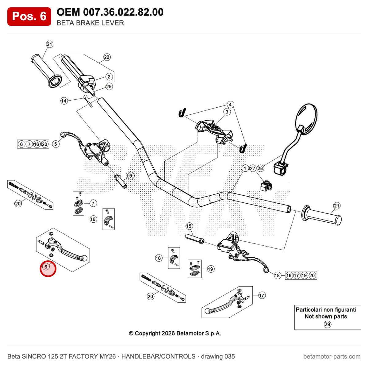 BETA BRAKE LEVER – OEM 007.36.022.82.00, position 6 on the Beta SINCRO 125 2T FACTORY MY26 handlebar/controls drawing