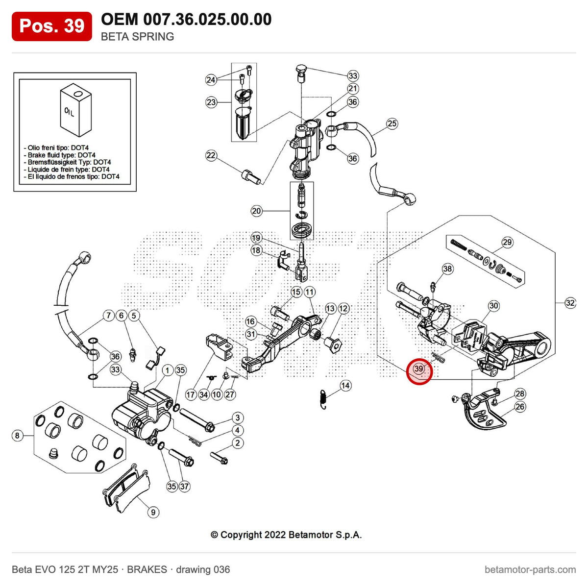 BETA SPRING – OEM 007.36.025.00.00, position 39 on the Beta EVO 125 2T MY25 brakes drawing