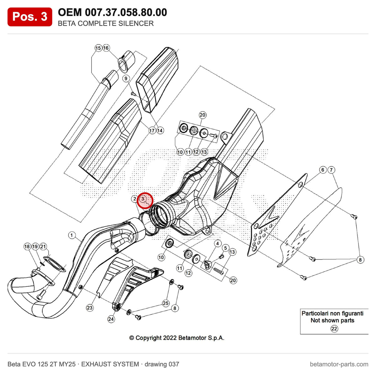 BETA COMPLETE SILENCER – OEM 007.37.058.80.00, position 3 on the Beta EVO 125 2T MY25 exhaust system drawing