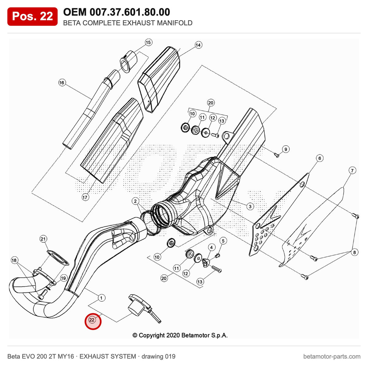 BETA COMPLETE EXHAUST MANIFOLD – OEM 007.37.601.80.00, position 22 on the Beta EVO 200 2T MY16 exhaust system drawing