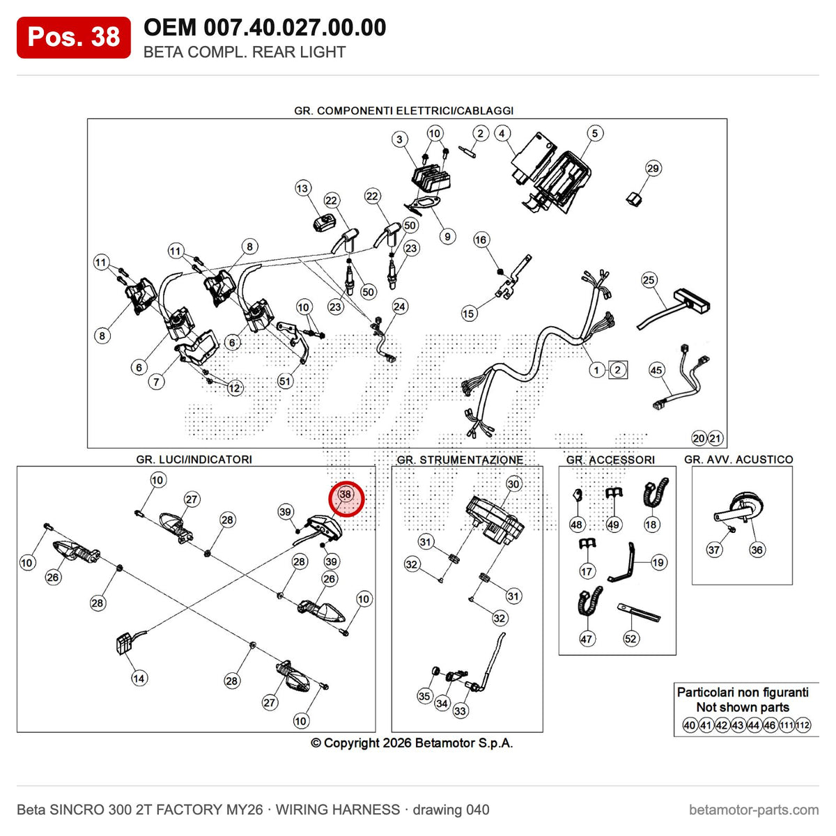 BETA COMPL. REAR LIGHT – OEM 007.40.027.00.00, position 38 on the Beta SINCRO 300 2T FACTORY MY26 wiring harness drawing
