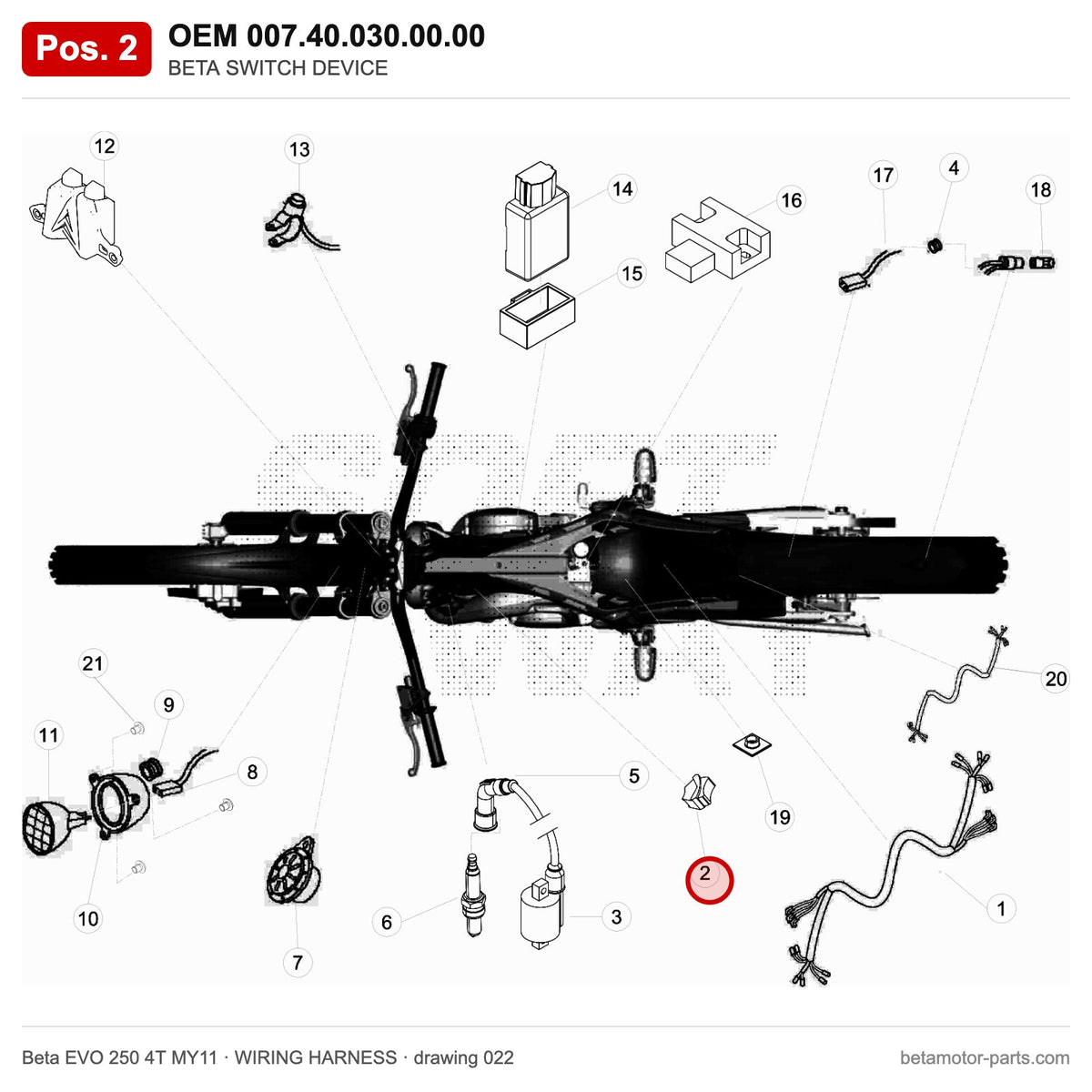 BETA SWITCH DEVICE – OEM 007.40.030.00.00, position 2 on the Beta EVO 250 4T MY11 wiring harness drawing