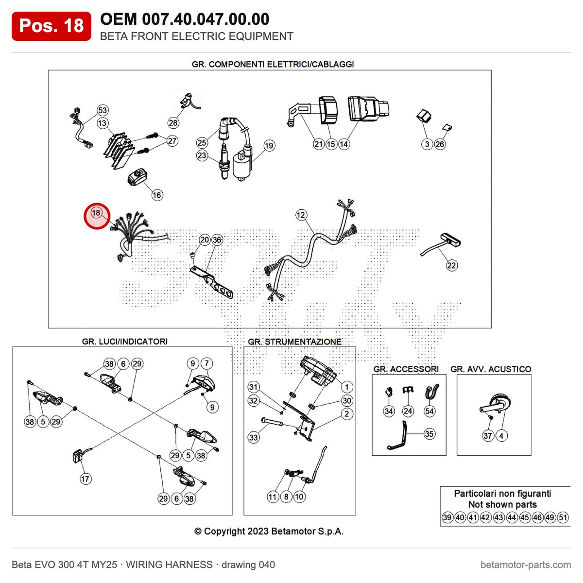 BETA FRONT ELECTRIC EQUIPMENT – OEM 007.40.047.00.00, position 18 on the Beta EVO 300 4T MY25 wiring harness drawing