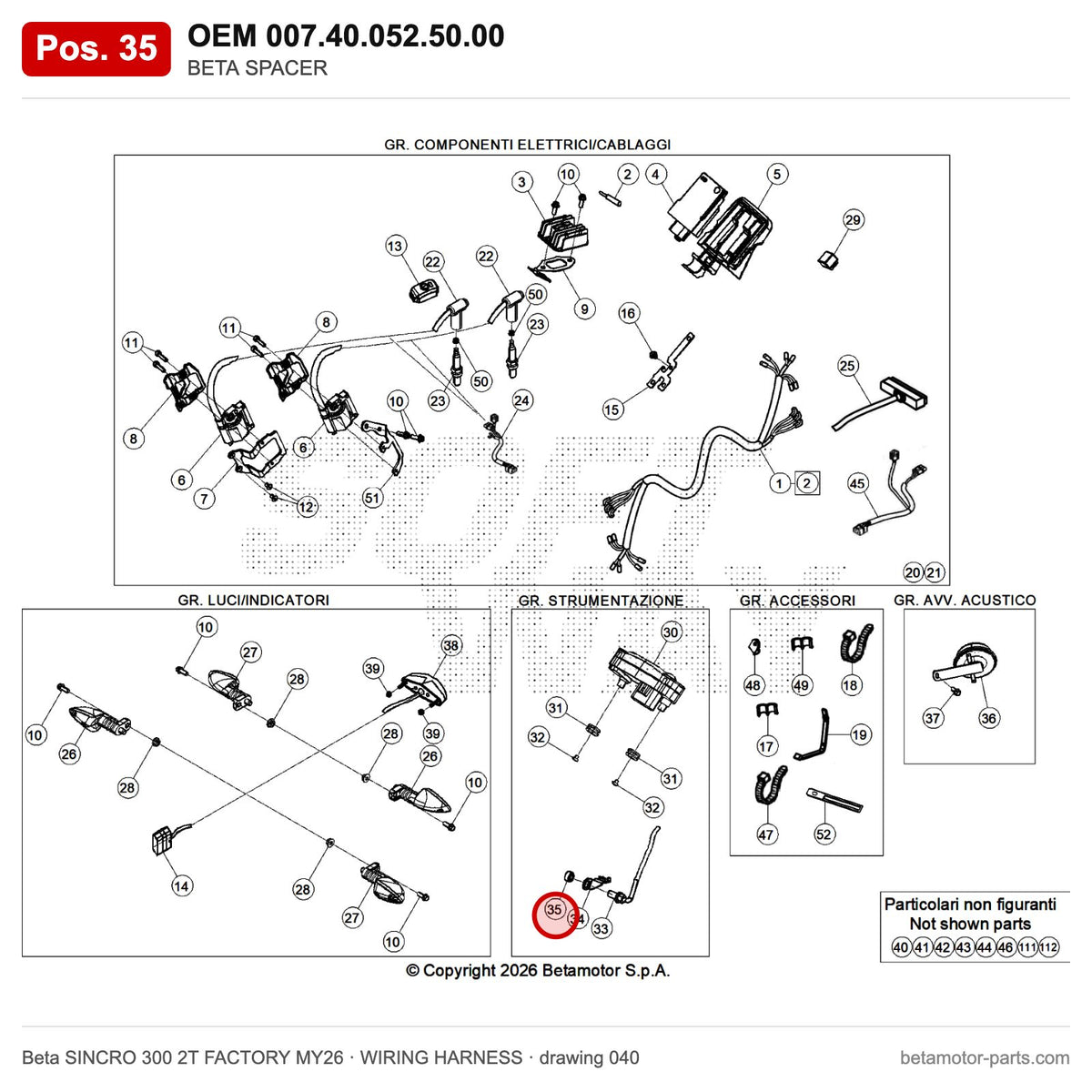 BETA SPACER – OEM 007.40.052.50.00, position 35 on the Beta SINCRO 300 2T FACTORY MY26 wiring harness drawing