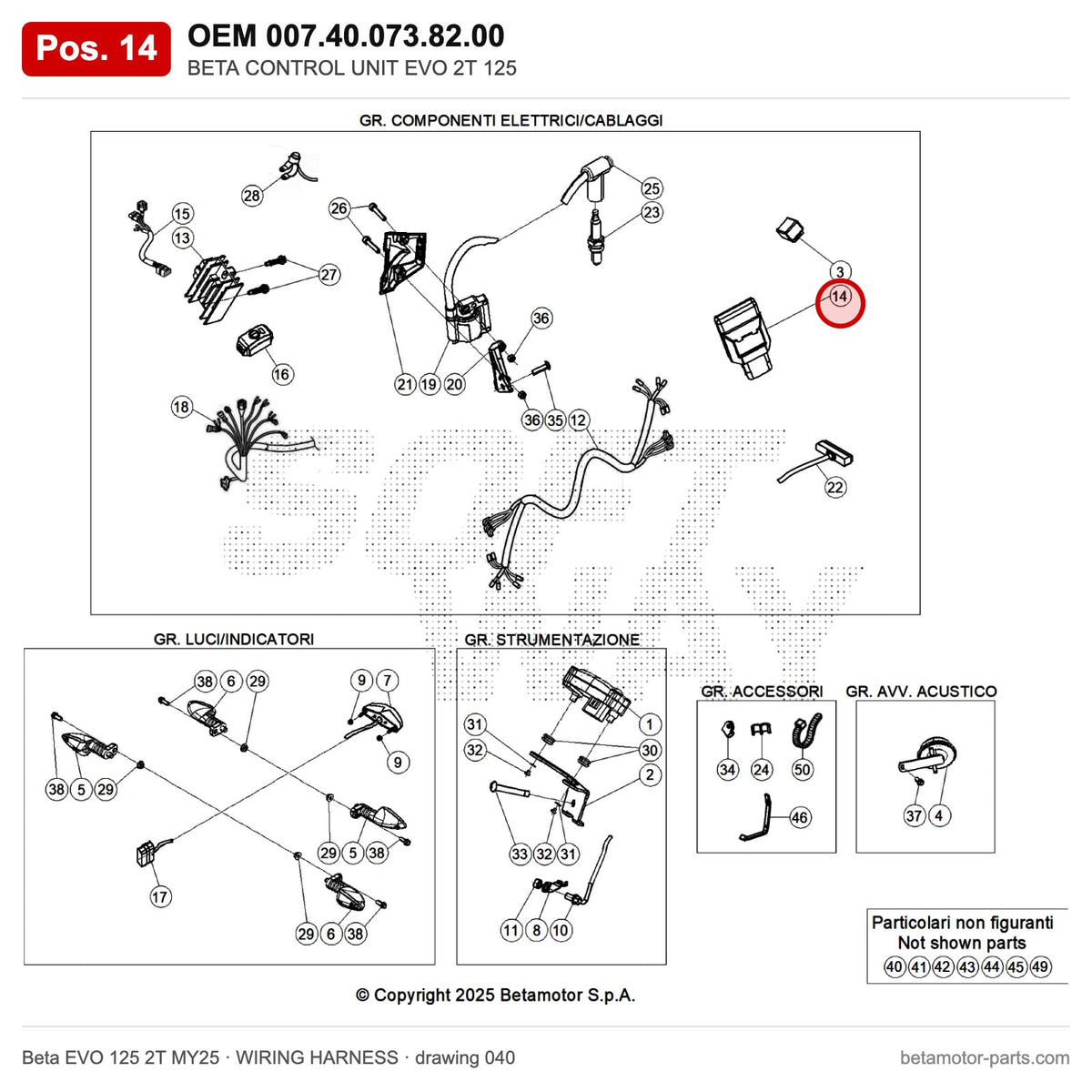 BETA CONTROL UNIT EVO 2T 125 – OEM 007.40.073.82.00, position 14 on the Beta EVO 125 2T MY25 wiring harness drawing