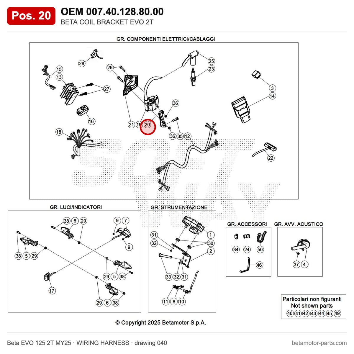 BETA COIL BRACKET EVO 2T – OEM 007.40.128.80.00, position 20 on the Beta EVO 125 2T MY25 wiring harness drawing