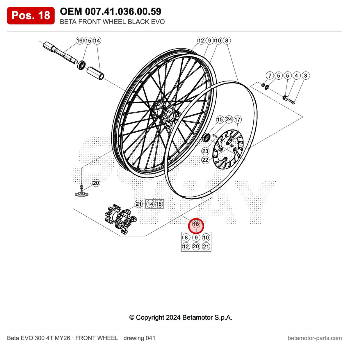 BETA FRONT WHEEL BLACK EVO – OEM 007.41.036.00.59, position 18 on the Beta EVO 300 4T MY26 front wheel drawing