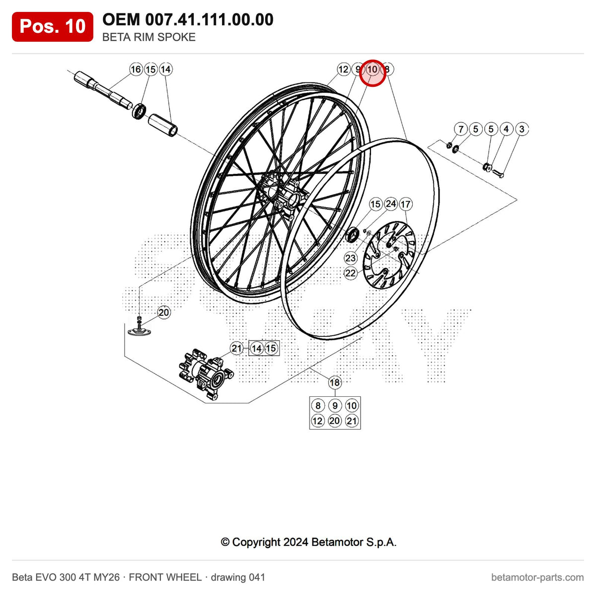 BETA SPOKE 3X256 FRONT WHEEL, EVO 2T/4T MY'11 – OEM 007.41.111.00.00, position 10 on the Beta EVO 300 4T MY26 front wheel drawing