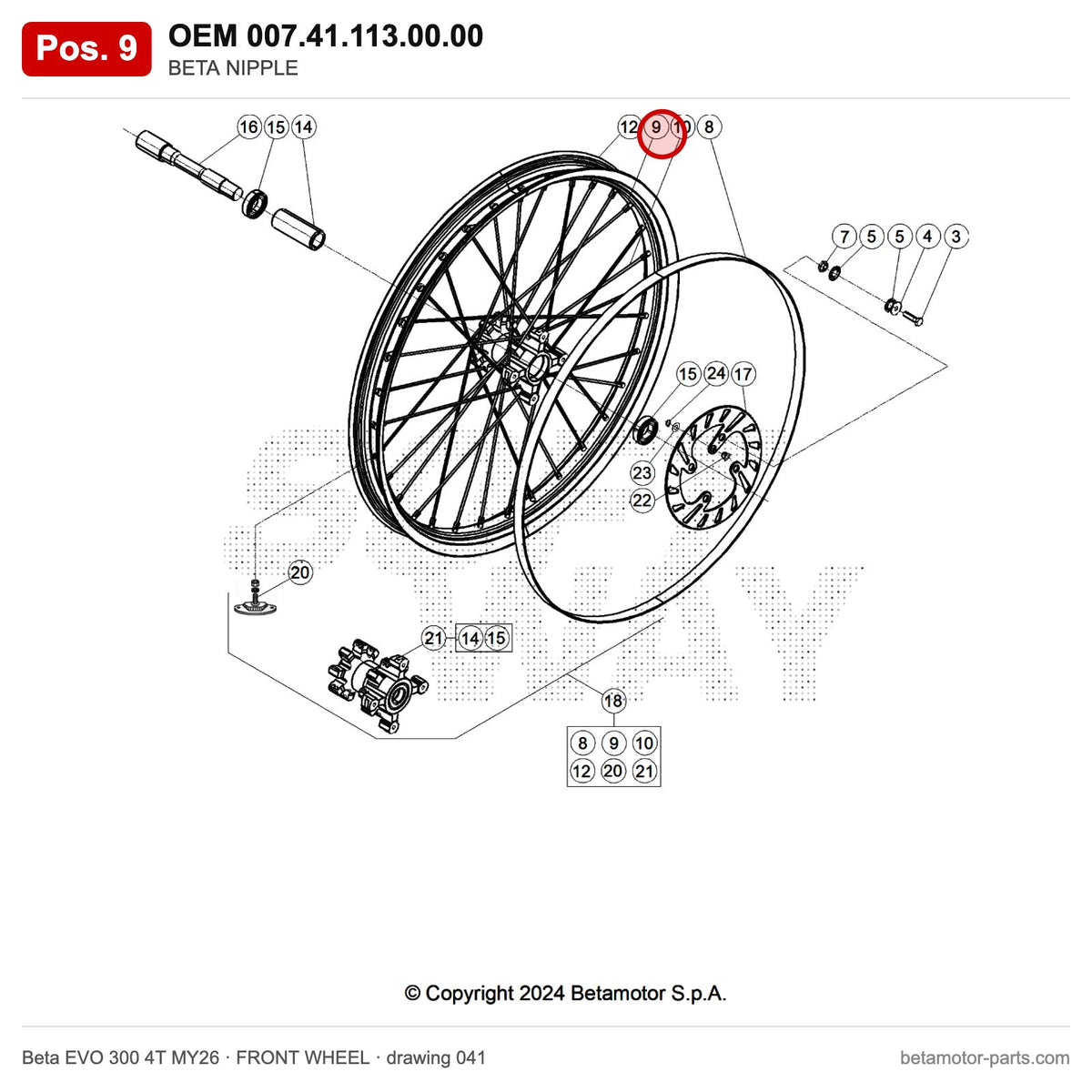 BETA NIPPLES 3,5 X 0,60 EVO 2T/4T MY'11 – OEM 007.41.113.00.00, position 9 on the Beta EVO 300 4T MY26 front wheel drawing