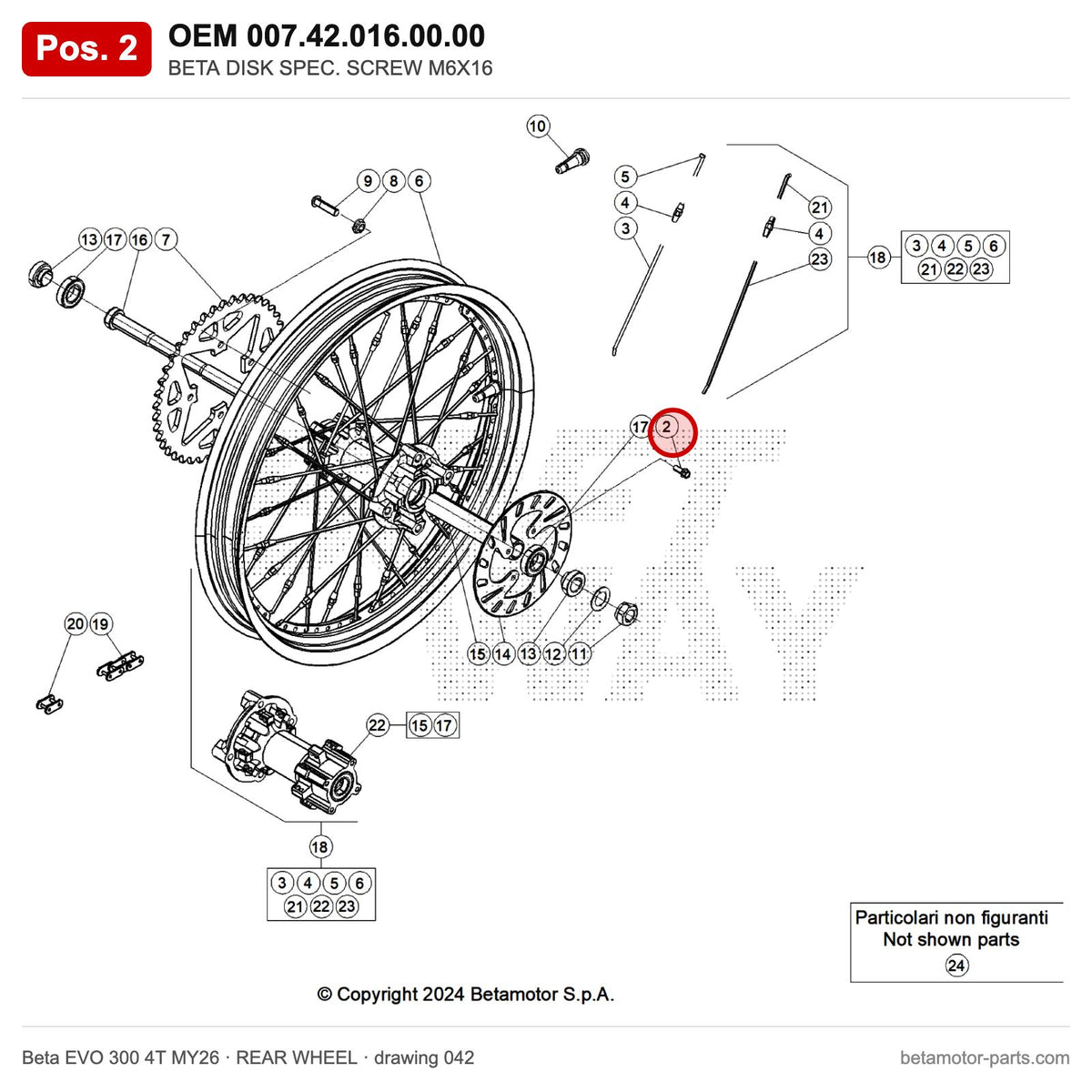 BETA DISK SPEC. SCREW M6X16 – OEM 007.42.016.00.00, position 2 on the Beta EVO 300 4T MY26 rear wheel drawing