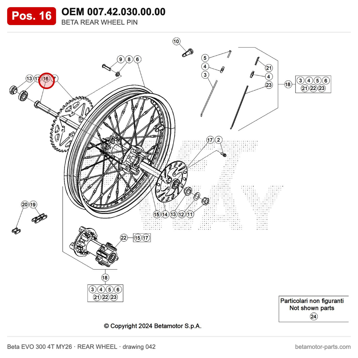 BETA REAR WHEEL PIN – OEM 007.42.030.00.00, position 16 on the Beta EVO 300 4T MY26 rear wheel drawing