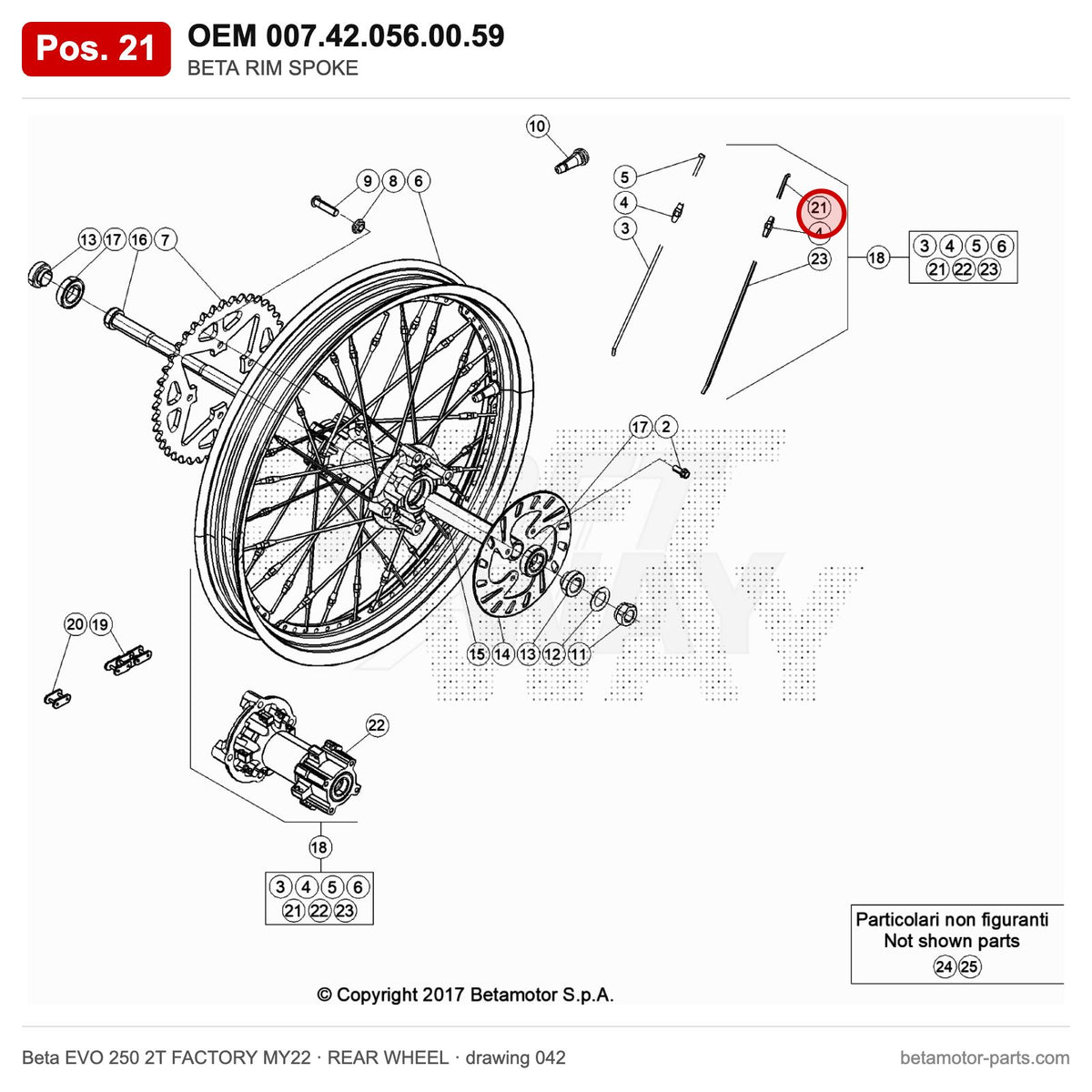 BETA RIM SPOKE – OEM 007.42.056.00.59, position 21 on the Beta EVO 250 2T FACTORY MY22 rear wheel drawing