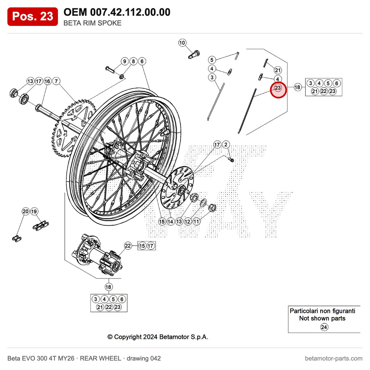BETA SPOKE 3,5X165 REAR WHEEL MY'11 – OEM 007.42.112.00.00, position 23 on the Beta EVO 300 4T MY26 rear wheel drawing