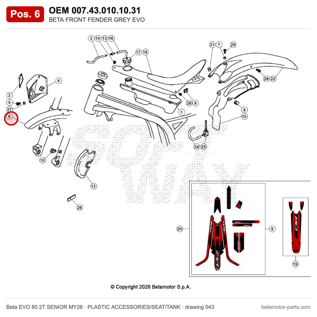 BETA FRONT FENDER GREY EVO – OEM 007.43.010.10.31, position 6 on the Beta EVO 80 2T SENIOR MY26 plastic accessories/seat/tank drawing