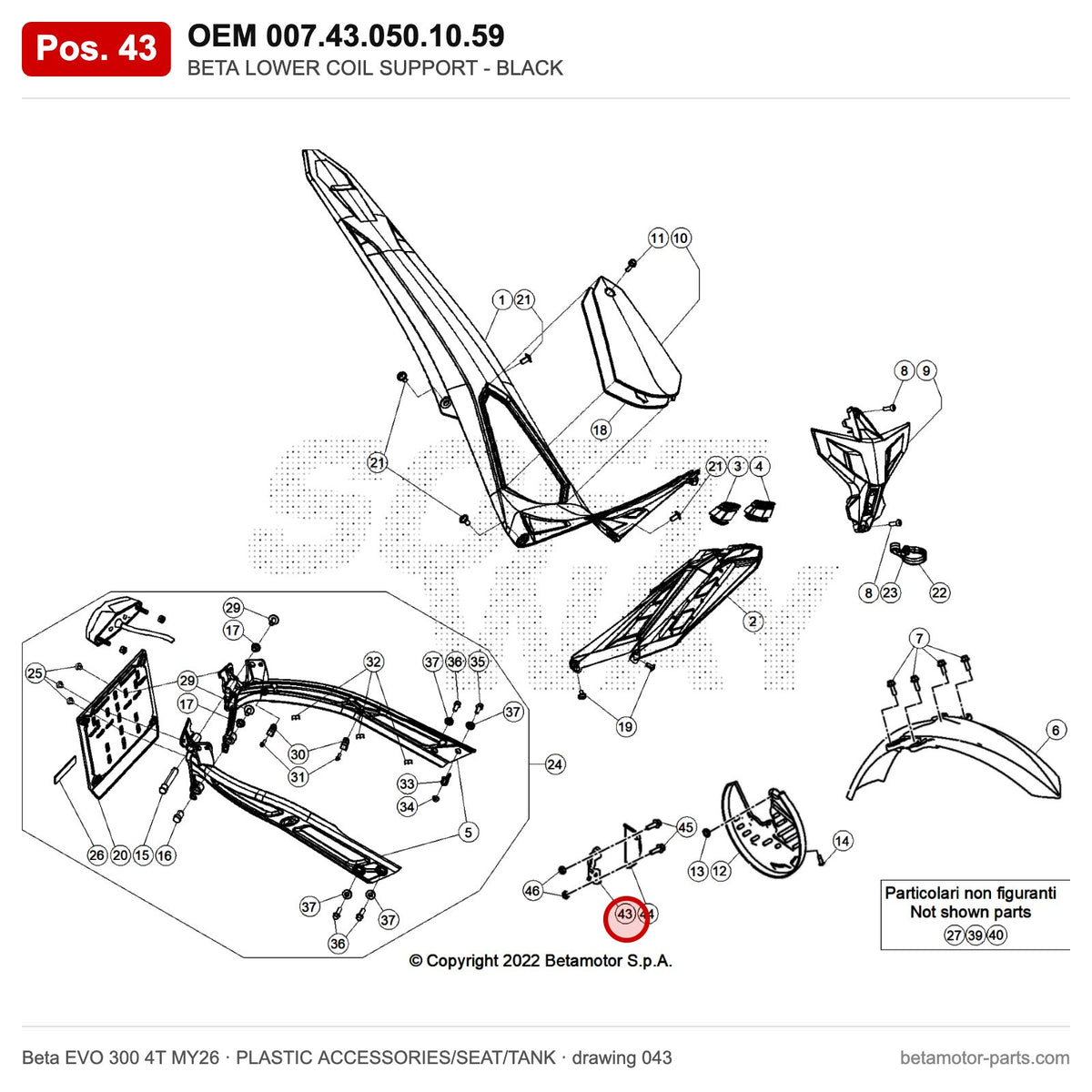 BETA LOWER COIL SUPPORT - BLACK – OEM 007.43.050.10.59, position 43 on the Beta EVO 300 4T MY26 plastic accessories/seat/tank drawing