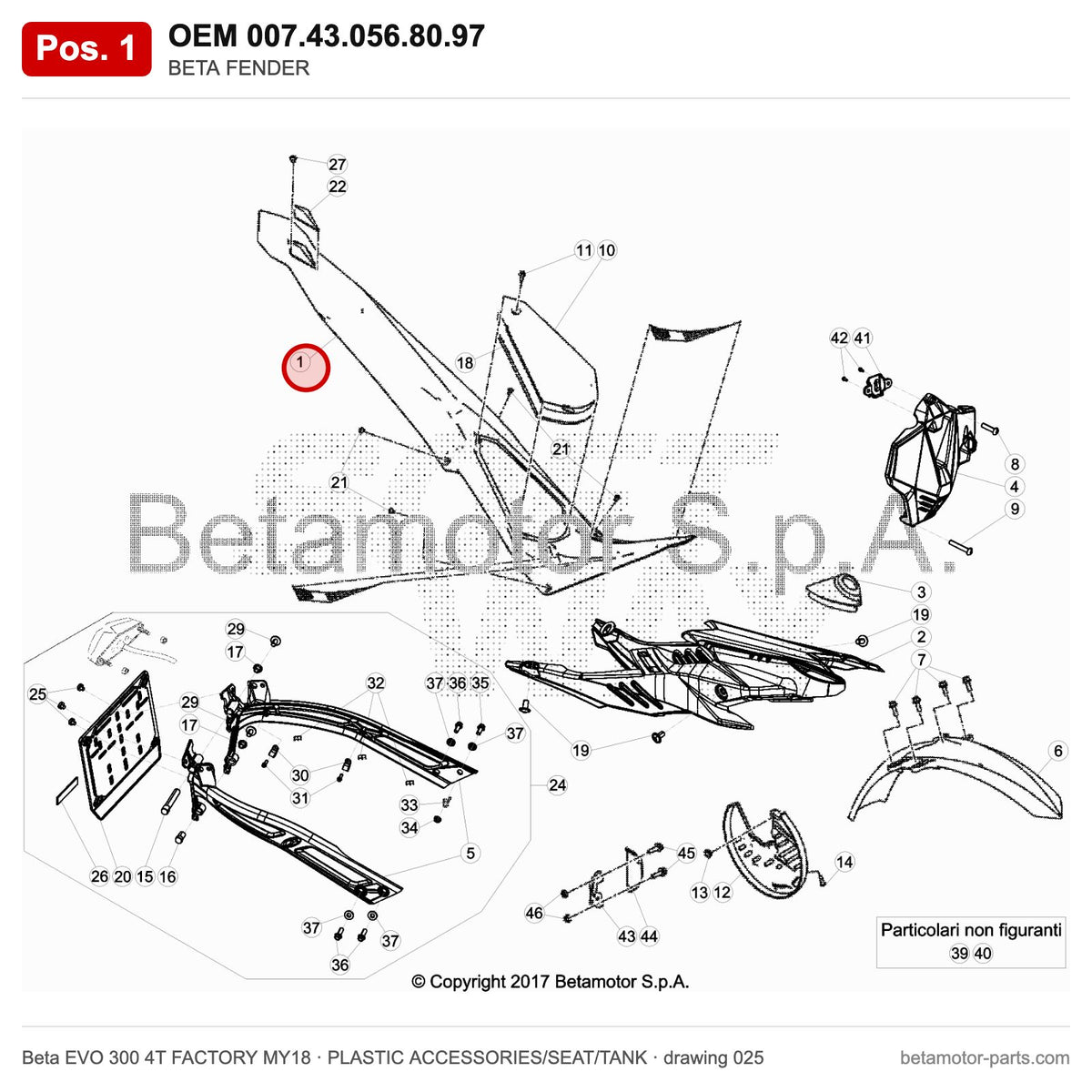 BETA FENDER – OEM 007.43.056.80.97, position 1 on the Beta EVO 300 4T FACTORY MY18 plastic accessories/seat/tank drawing