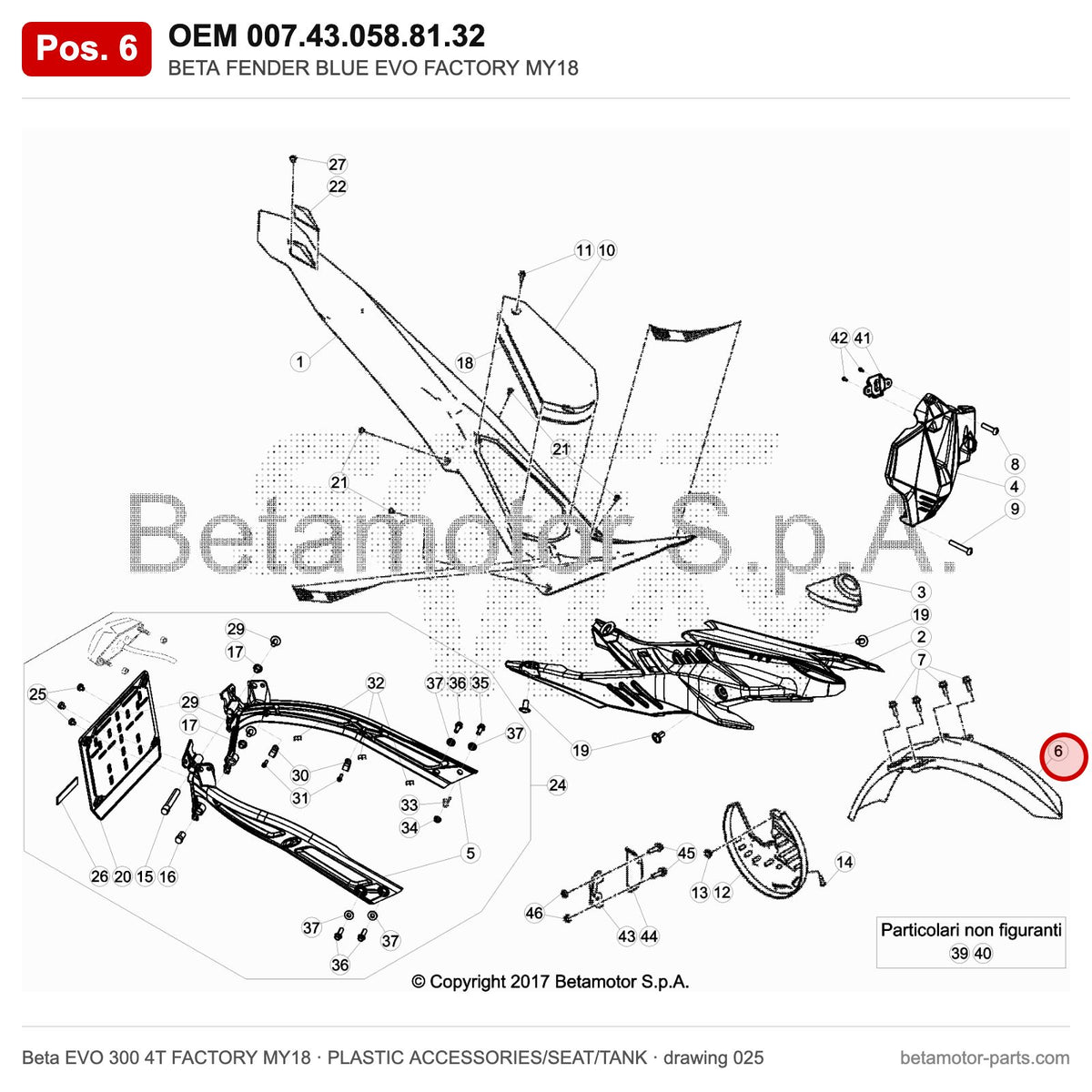 BETA FENDER BLUE EVO FACTORY MY18 – OEM 007.43.058.81.32, position 6 on the Beta EVO 300 4T FACTORY MY18 plastic accessories/seat/tank drawing