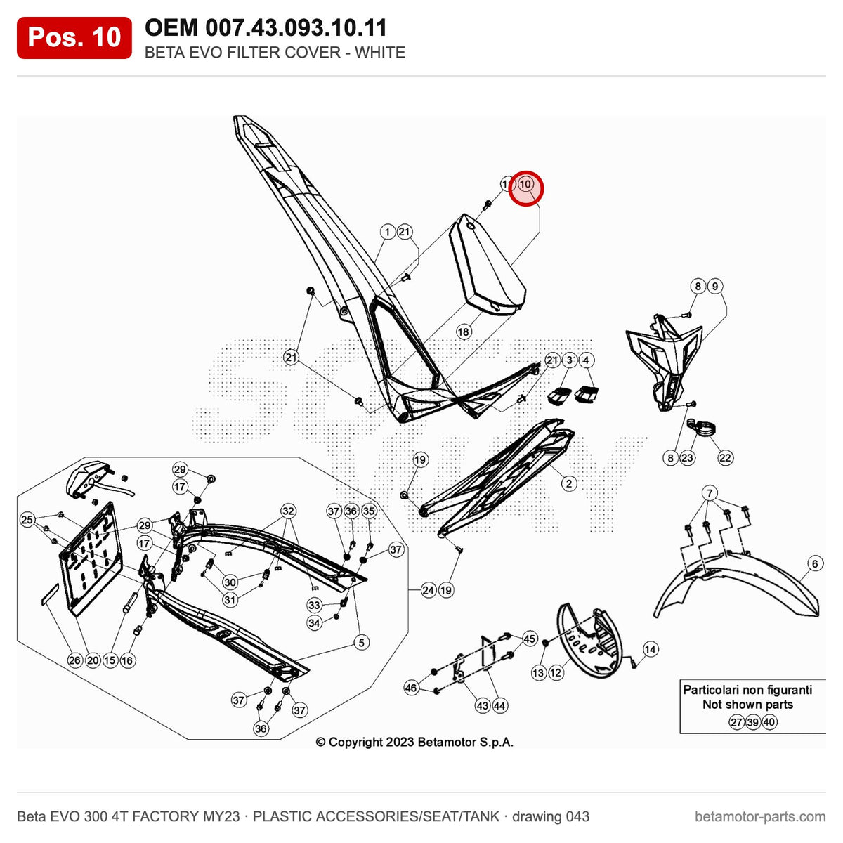 BETA EVO FILTER COVER - WHITE – OEM 007.43.093.10.11, position 10 on the Beta EVO 300 4T FACTORY MY23 plastic accessories/seat/tank drawing