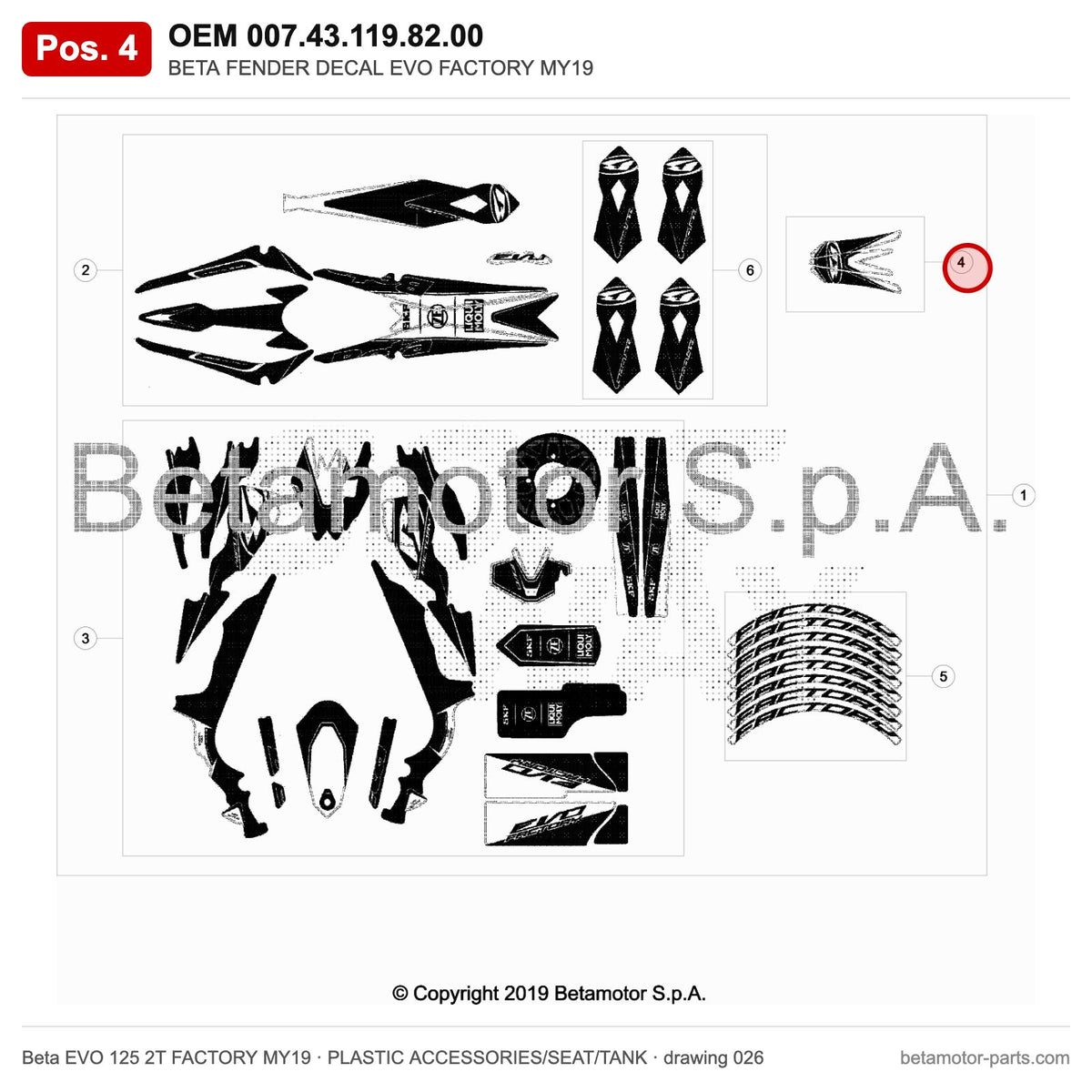 BETA FENDER DECAL EVO FACTORY MY19 – OEM 007.43.119.82.00, position 4 on the Beta EVO 125 2T FACTORY MY19 plastic accessories/seat/tank drawing