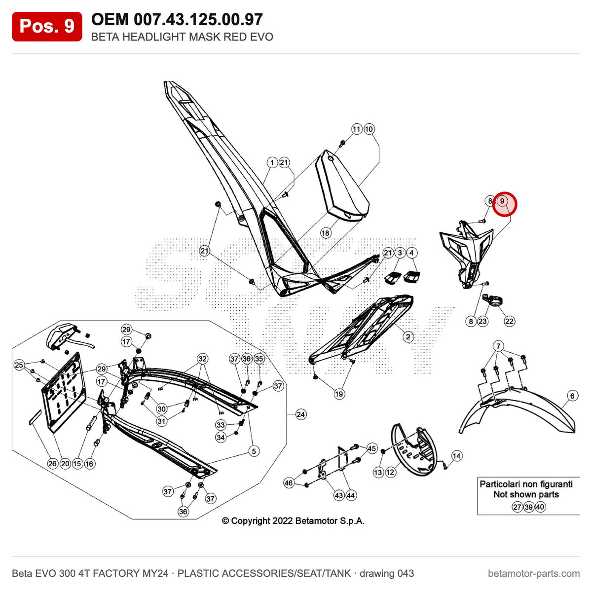 BETA HEADLIGHT MASK RED EVO – OEM 007.43.125.00.97, position 9 on the Beta EVO 300 4T FACTORY MY24 plastic accessories/seat/tank drawing