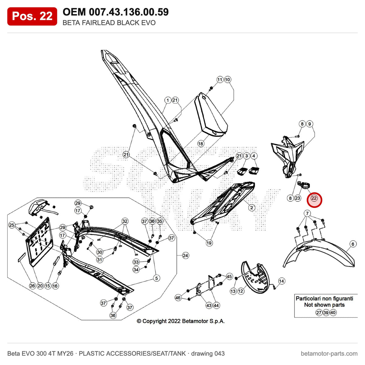 BETA FAIRLEAD BLACK EVO – OEM 007.43.136.00.59, position 22 on the Beta EVO 300 4T MY26 plastic accessories/seat/tank drawing