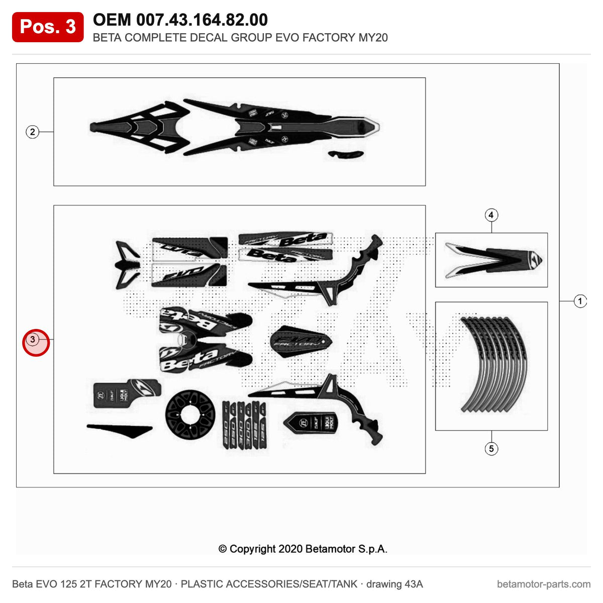 BETA COMPLETE DECAL GROUP EVO FACTORY MY20 – OEM 007.43.164.82.00, position 3 on the Beta EVO 125 2T FACTORY MY20 plastic accessories/seat/tank drawing