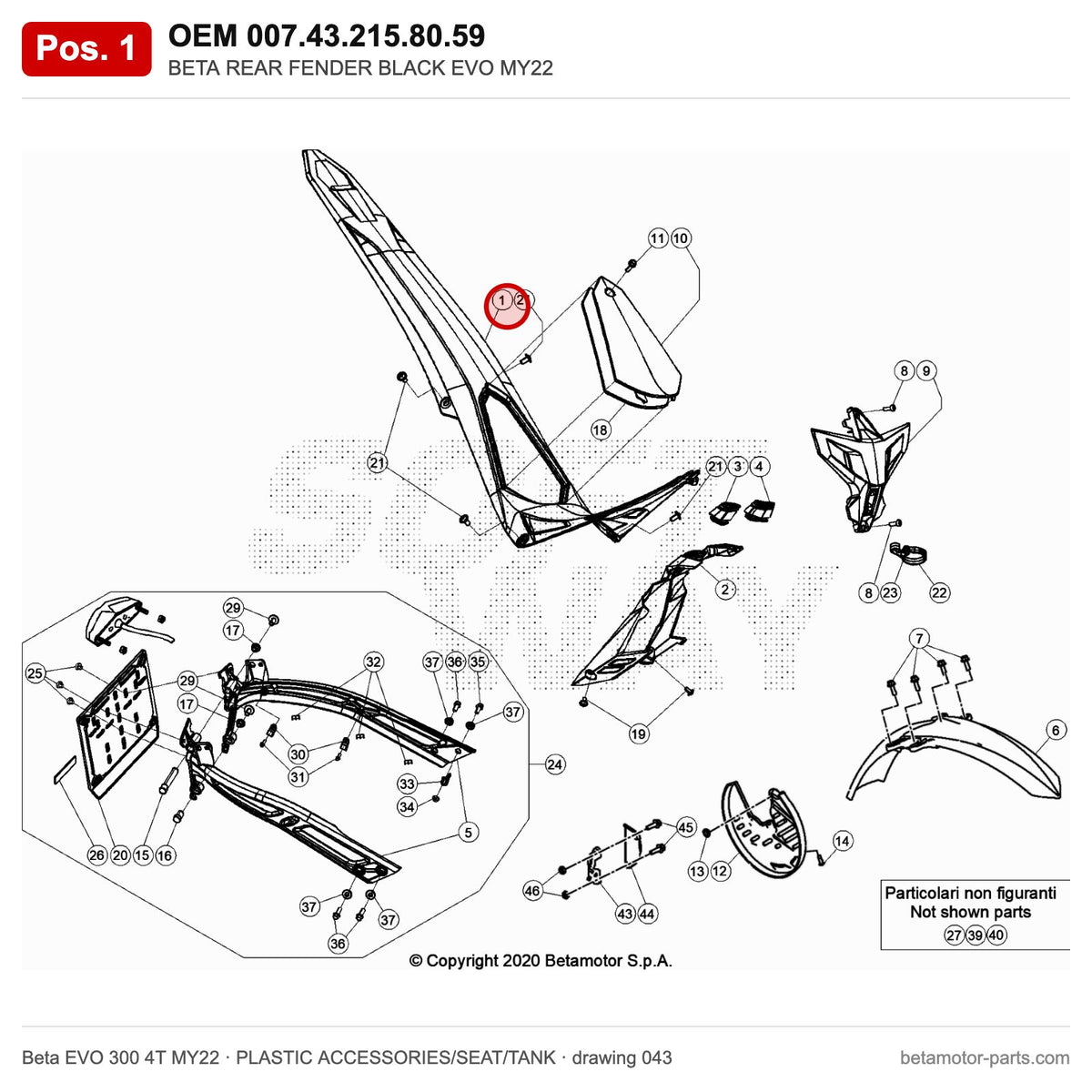 BETA REAR FENDER BLACK EVO MY22 – OEM 007.43.215.80.59, position 1 on the Beta EVO 300 4T MY22 plastic accessories/seat/tank drawing