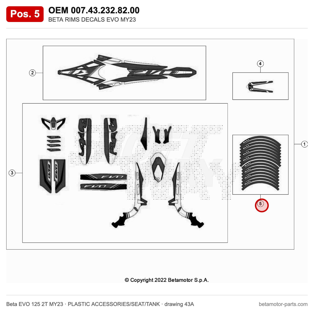 BETA RIMS DECALS EVO MY23 – OEM 007.43.232.82.00, position 5 on the Beta EVO 125 2T MY23 plastic accessories/seat/tank drawing