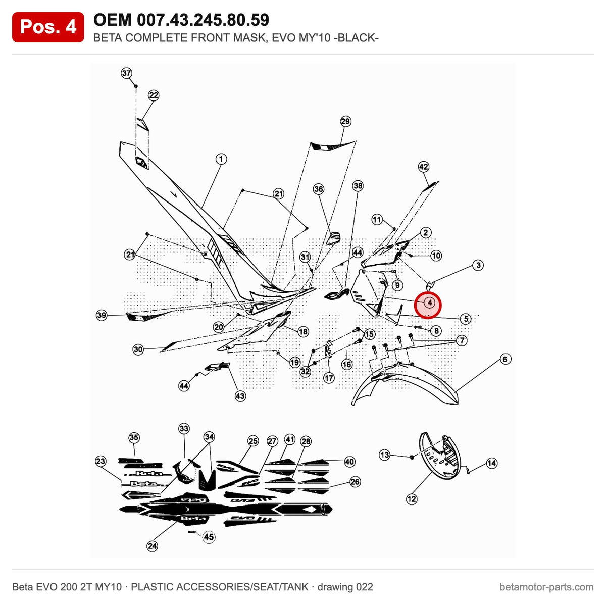 BETA COMPLETE FRONT MASK, EVO MY'10 -BLACK- – OEM 007.43.245.80.59, position 4 on the Beta EVO 200 2T MY10 plastic accessories/seat/tank drawing