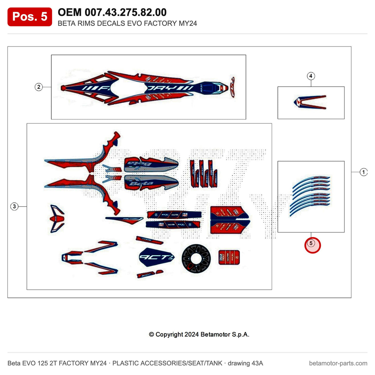 BETA RIMS DECALS EVO FACTORY MY24 – OEM 007.43.275.82.00, position 5 on the Beta EVO 125 2T FACTORY MY24 plastic accessories/seat/tank drawing