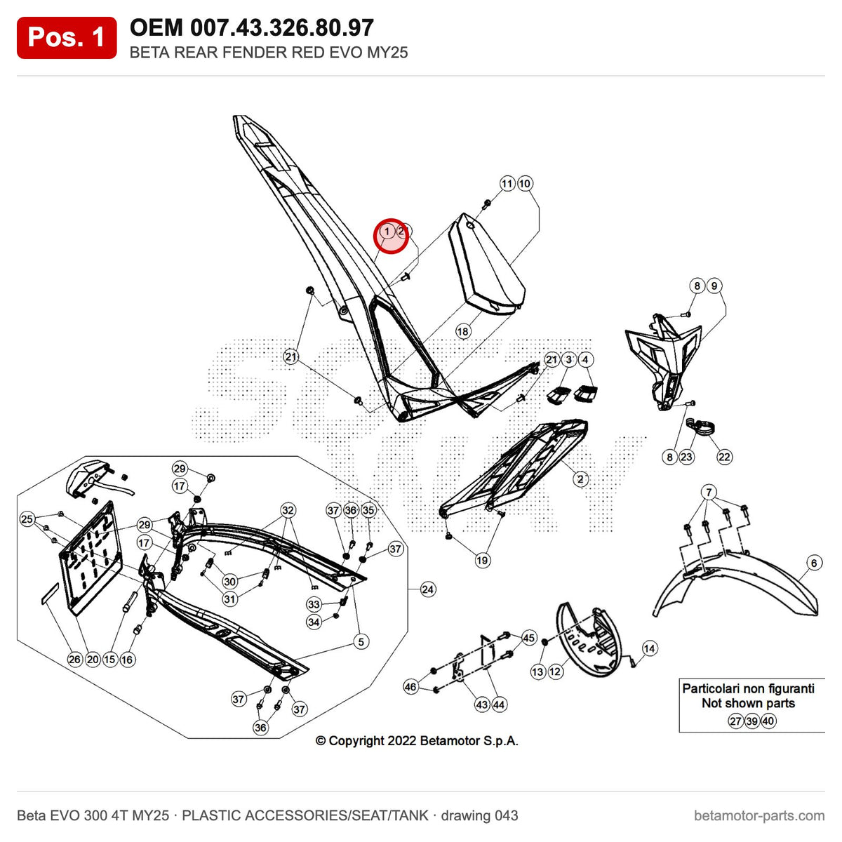 BETA REAR FENDER RED EVO MY25 – OEM 007.43.326.80.97, position 1 on the Beta EVO 300 4T MY25 plastic accessories/seat/tank drawing