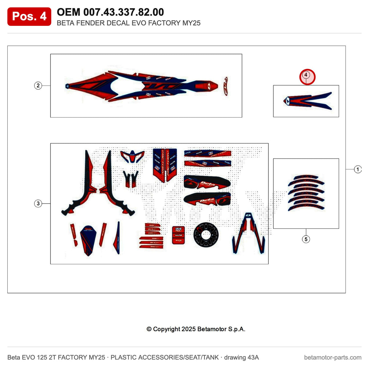 BETA FENDER DECAL EVO FACTORY MY25_1 – OEM 007.43.337.82.00, position 4 on the Beta EVO 125 2T FACTORY MY25 plastic accessories/seat/tank drawing