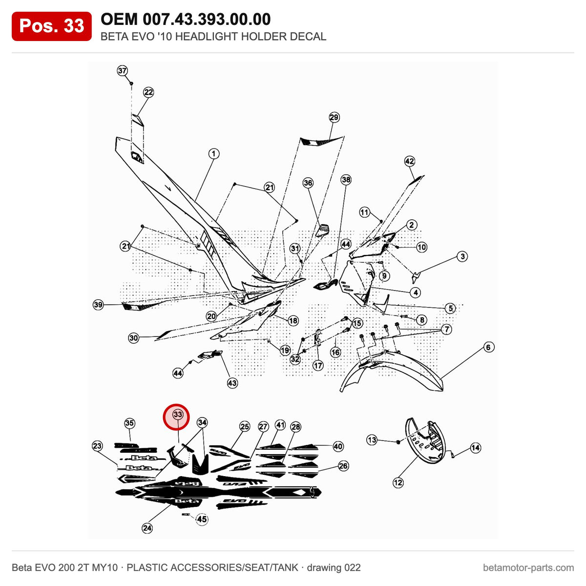 BETA EVO '10 HEADLIGHT HOLDER DECAL – OEM 007.43.393.00.00, position 33 on the Beta EVO 200 2T MY10 plastic accessories/seat/tank drawing
