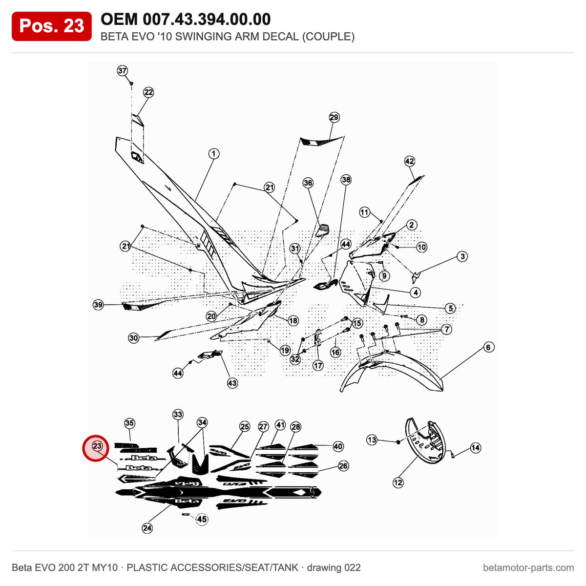 BETA EVO '10 SWINGING ARM DECAL (COUPLE) – OEM 007.43.394.00.00, position 23 on the Beta EVO 200 2T MY10 plastic accessories/seat/tank drawing