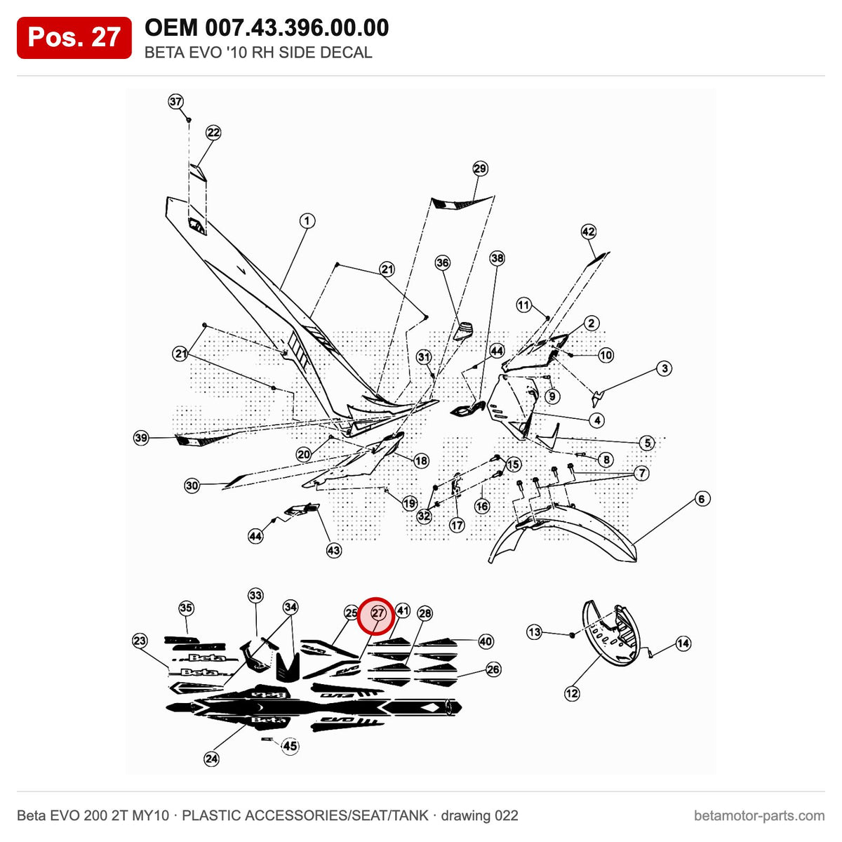 BETA EVO '10 RH SIDE DECAL – OEM 007.43.396.00.00, position 27 on the Beta EVO 200 2T MY10 plastic accessories/seat/tank drawing