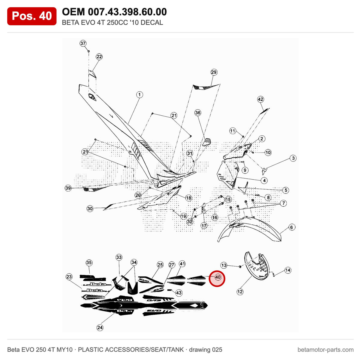 BETA EVO 4T 250CC '10 DECAL – OEM 007.43.398.60.00, position 40 on the Beta EVO 250 4T MY10 plastic accessories/seat/tank drawing
