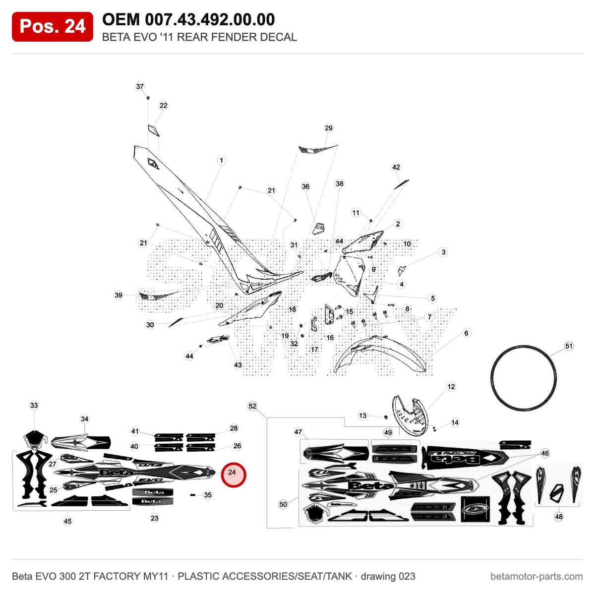 BETA EVO '11 REAR FENDER DECAL – OEM 007.43.492.00.00, position 24 on the Beta EVO 300 2T FACTORY MY11 plastic accessories/seat/tank drawing