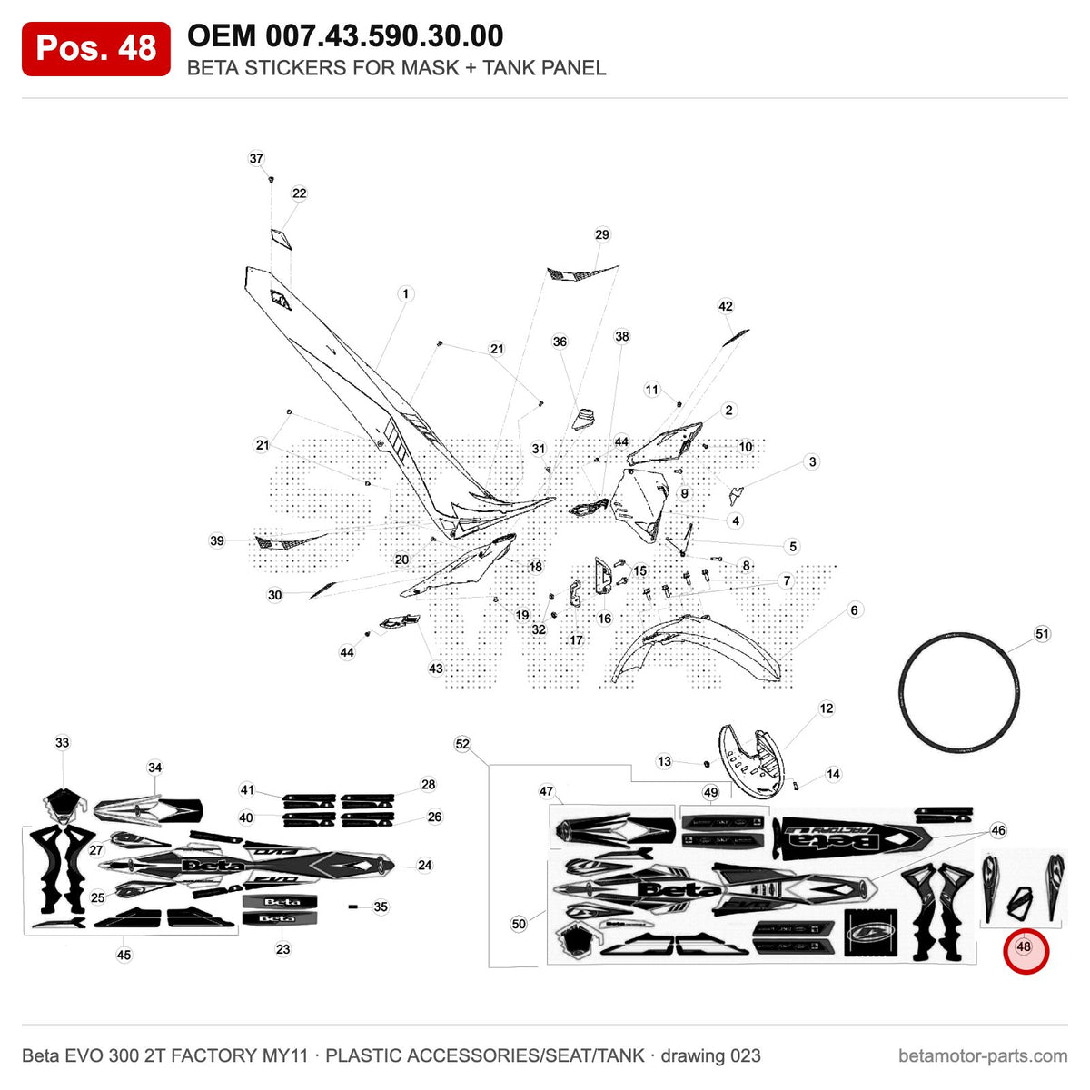 BETA STICKERS FOR MASK + TANK PANEL – OEM 007.43.590.30.00, position 48 on the Beta EVO 300 2T FACTORY MY11 plastic accessories/seat/tank drawing